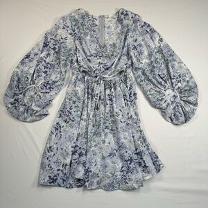 Limelush Bubble Sleeve Floral Mini Dress Womens Size L Blue White V Neck Cut Out